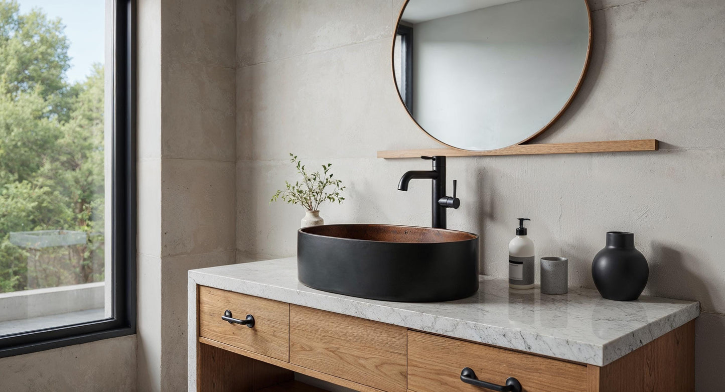 Modern Black & Copper Oval Vessel Sink – Handmade Bathroom Vanity Basin, Contemporary Farmhouse Wash Bowl