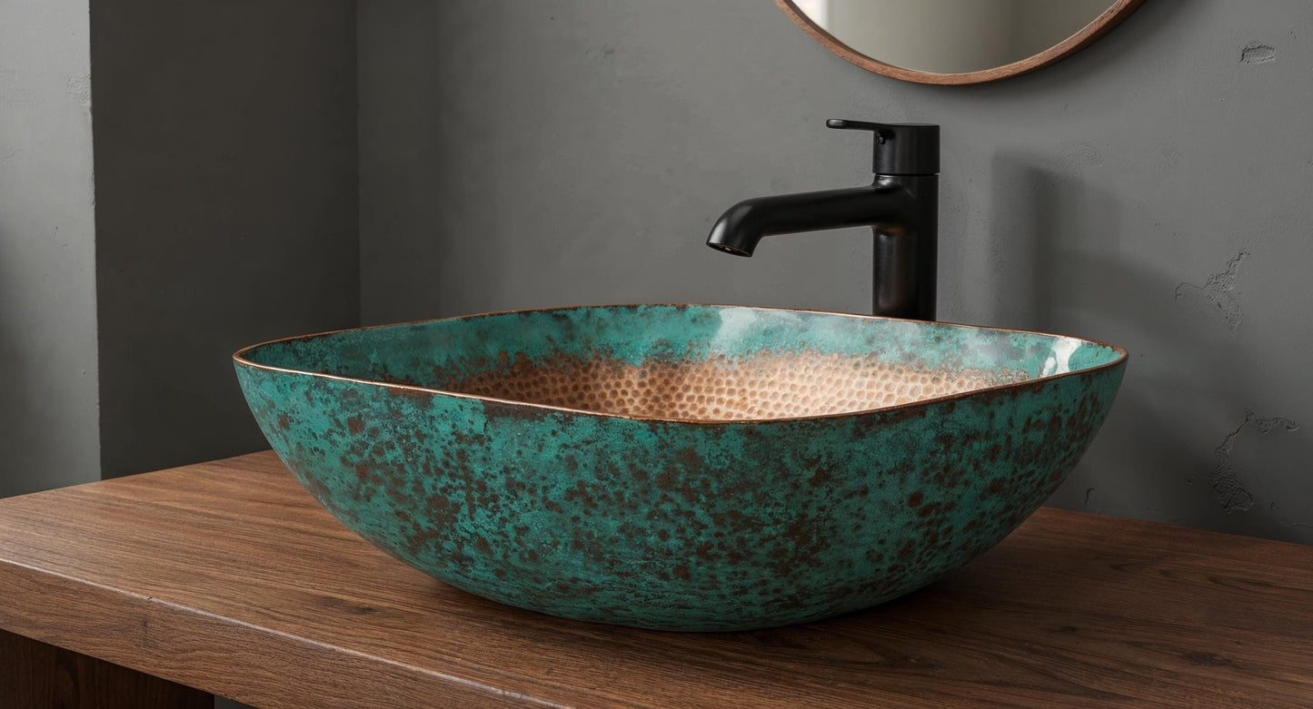 Handmade Green Patina Copper Vessel Sink – Moroccan Bathroom Basin, Rustic Farmhouse Vanity Bowl