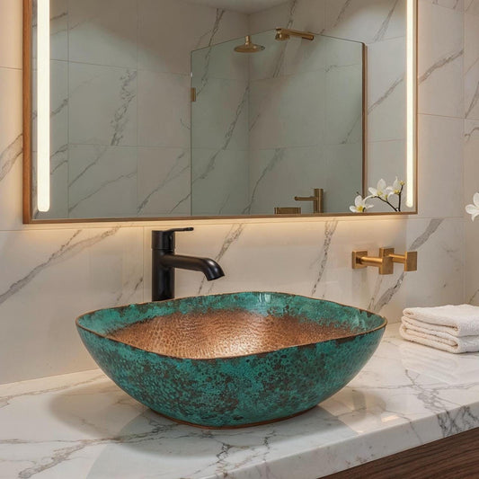 Handmade Green Patina Copper Vessel Sink – Moroccan Bathroom Basin, Rustic Farmhouse Vanity Bowl