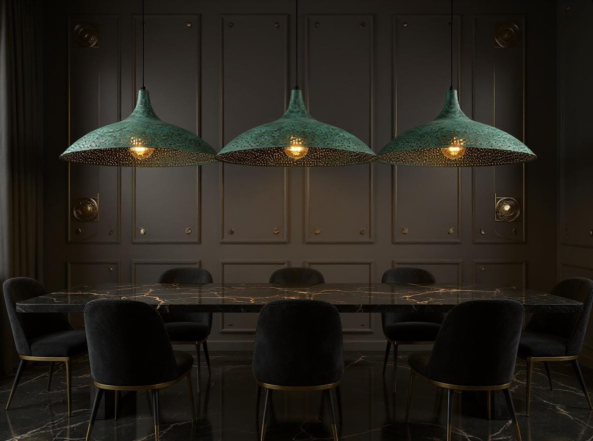 Handmade Green Patina Brass Pendant Light: Moroccan Ribbed Dome