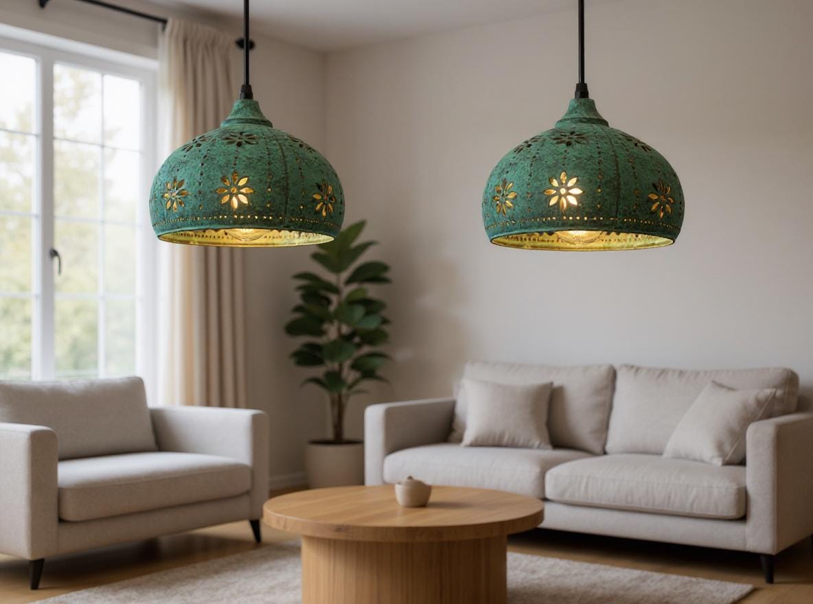 Handmade Green Patina Brass Pendant Light: Floral Moroccan Lamp