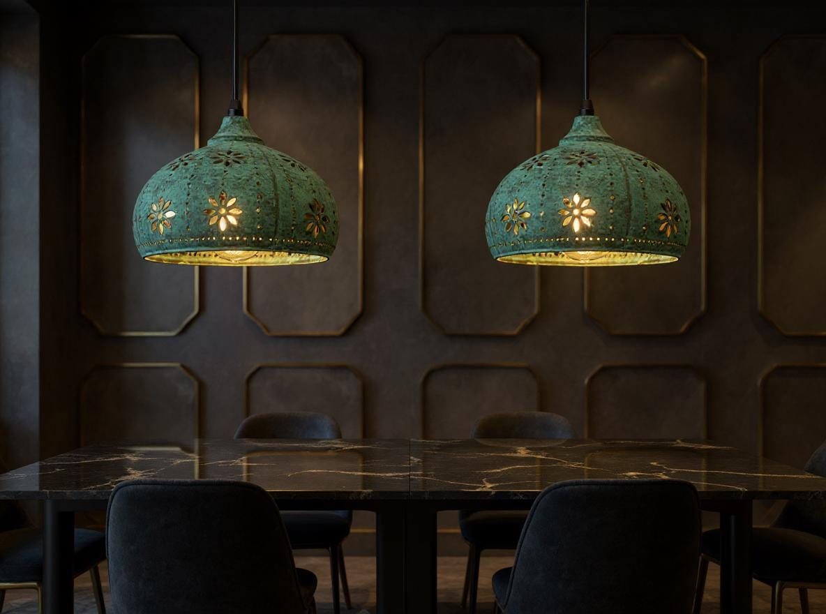 Handmade Green Patina Brass Pendant Light: Floral Moroccan Lamp
