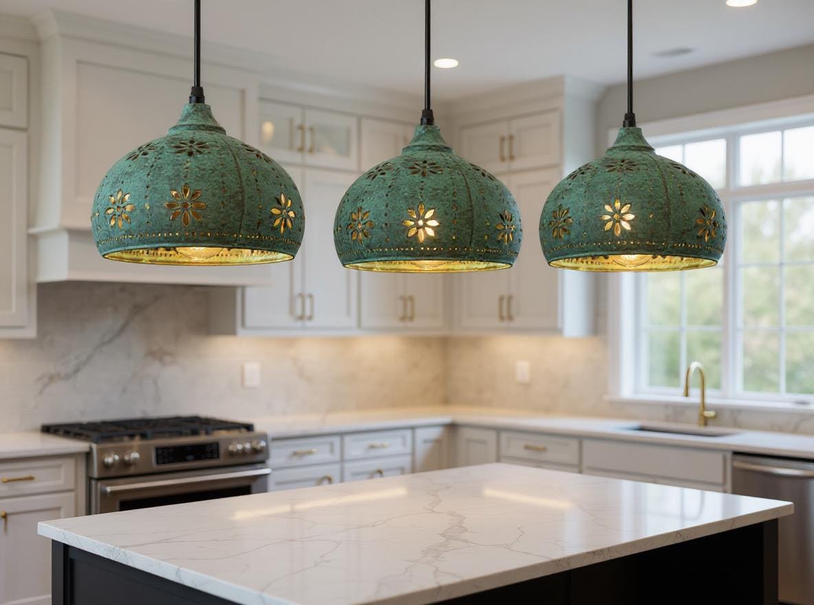 Handmade Green Patina Brass Pendant Light: Floral Moroccan Lamp