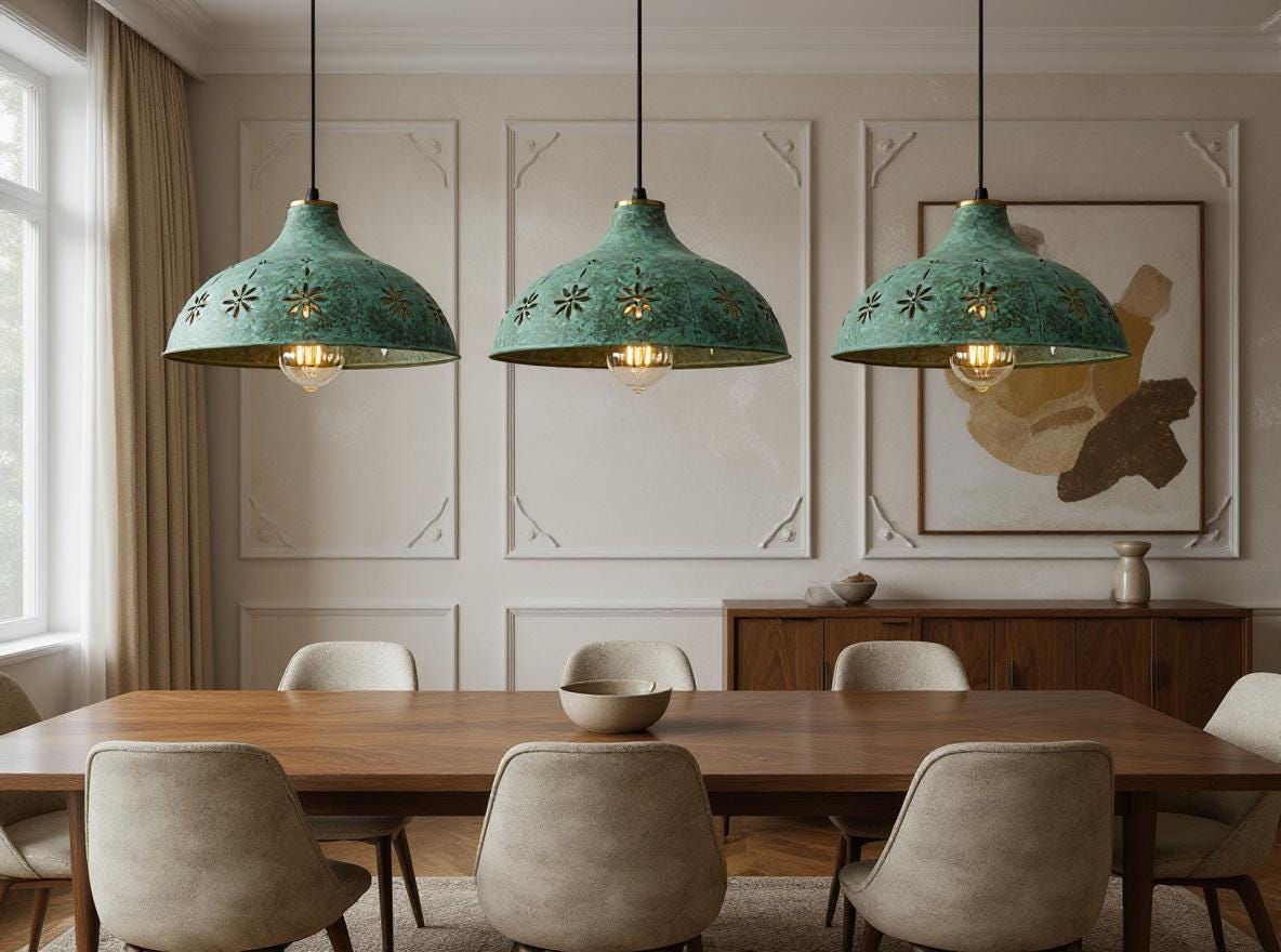 Floral Moroccan Pendant Light: Green Patina Brass Dome Lamp