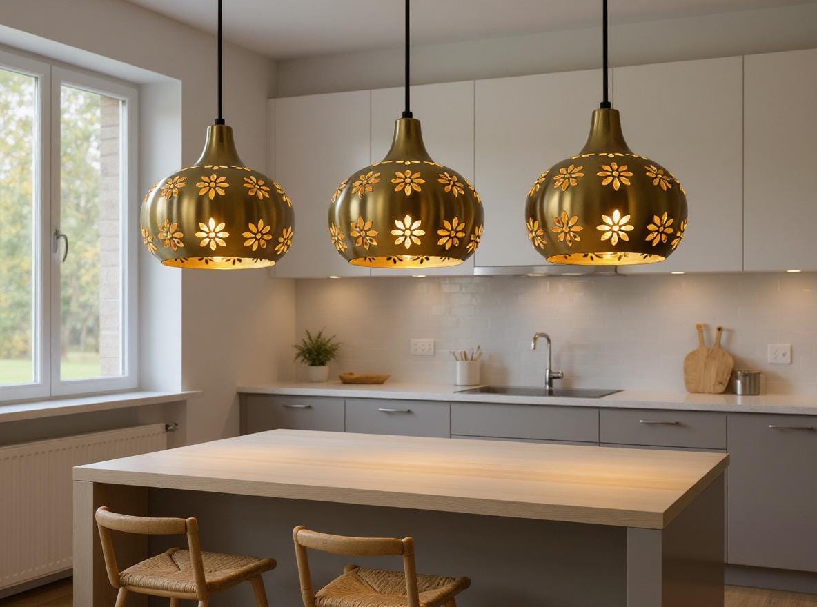 Handmade Brass Pendant Light: Floral Cut-Out Dome, Moroccan Lighting