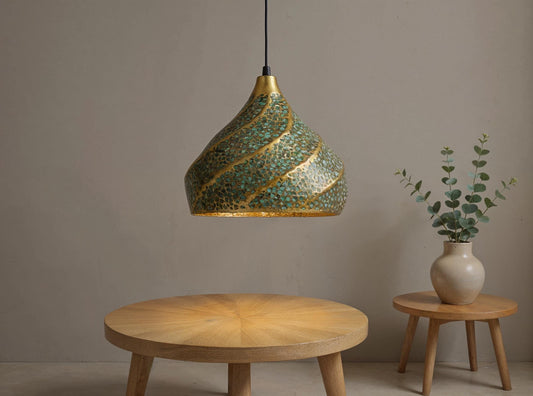 Handmade Moroccan Copper Pendant Light: Green Patina Dome Chandelier