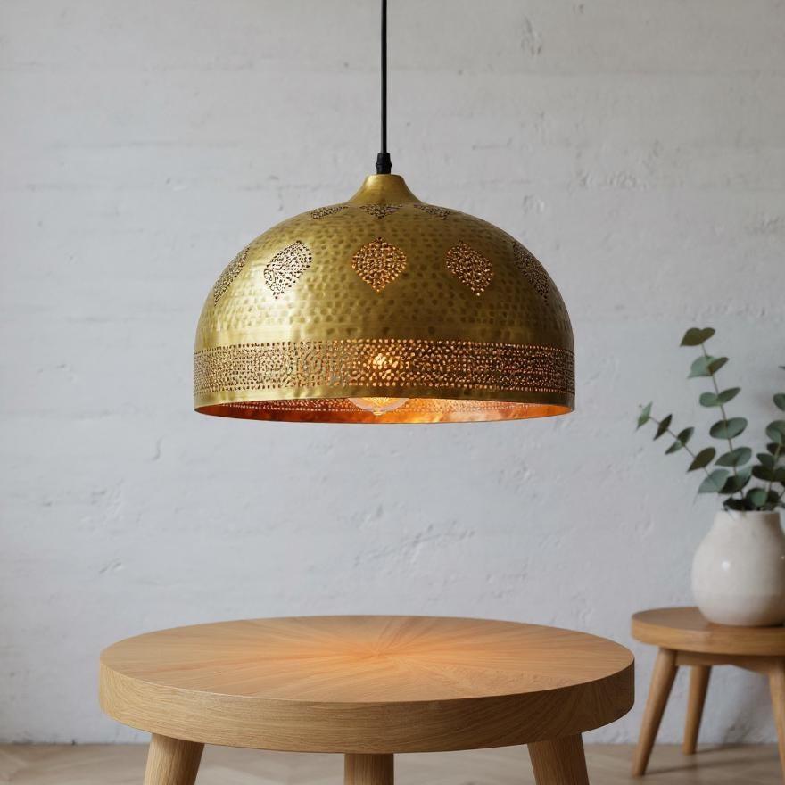 Handmade Moroccan Brass Pendant Light: Hammered Dome, Boho Lighting