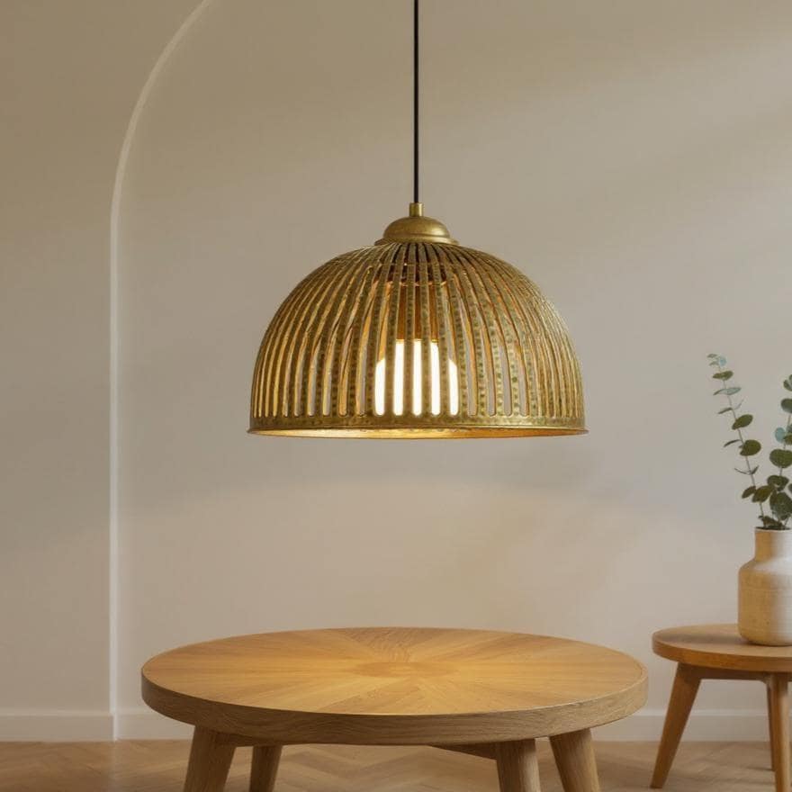 Handmade Moroccan Brass Pendant Light – Boho Slatted Dome Lamp