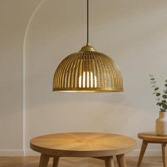 Handmade Moroccan Brass Pendant Light – Boho Slatted Dome Lamp