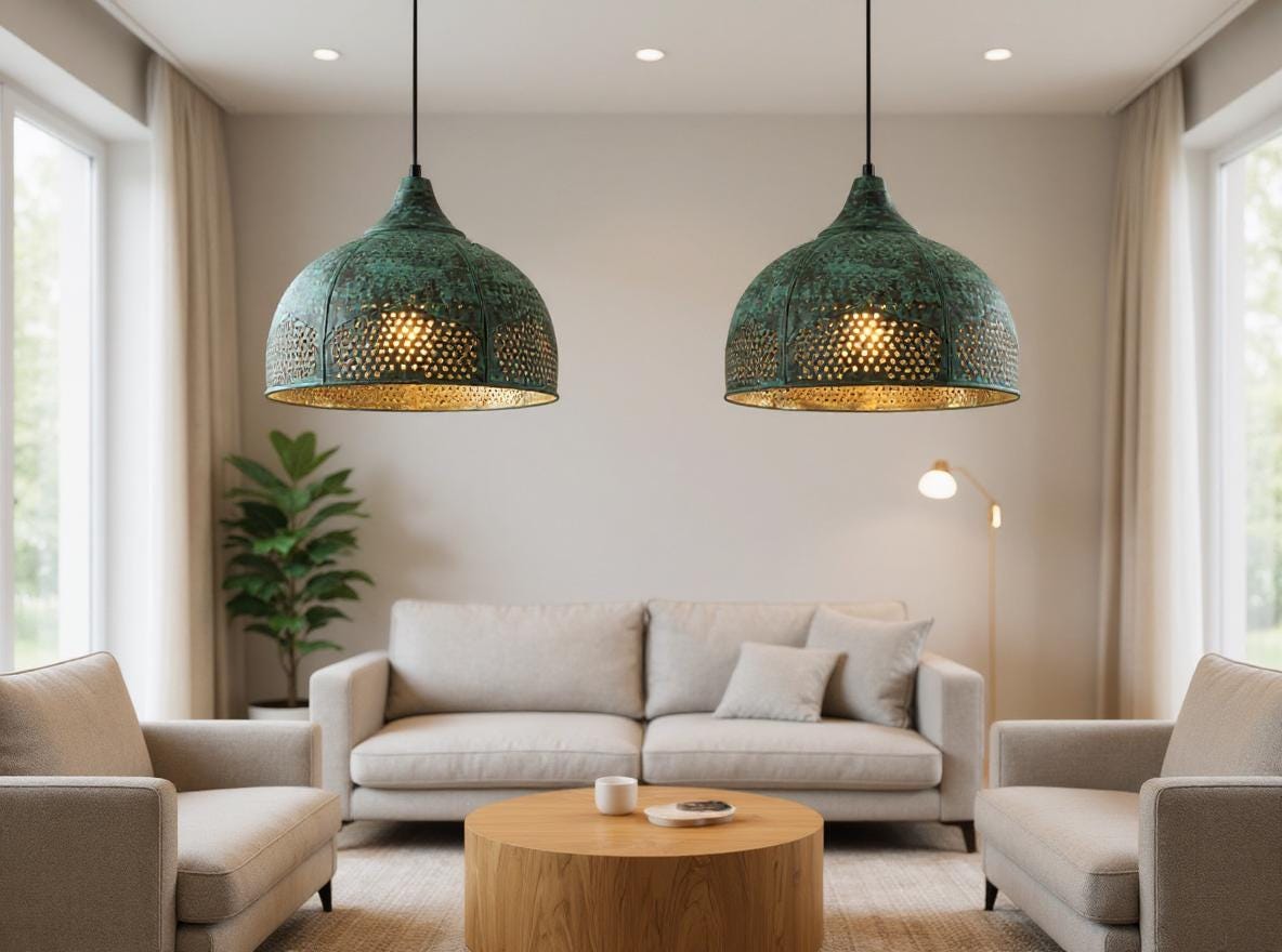 Handmade Moroccan Green Patina Brass Pendant Light - Pierced Dome