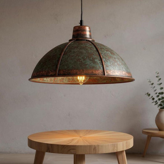 Handmade Copper Pendant Light: Rustic Green Patina Dome Lamp