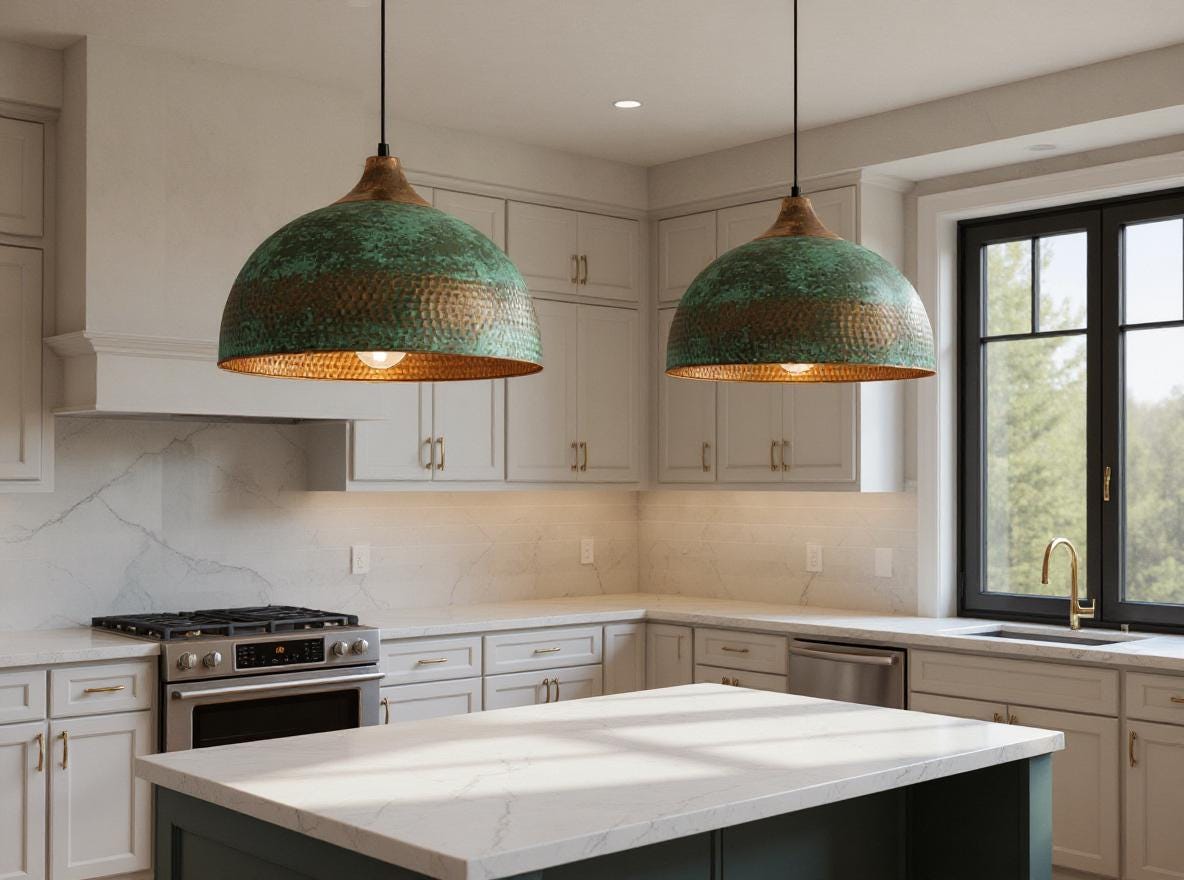 Handmade Copper Pendant Light: Green Patina Dome Chandelier