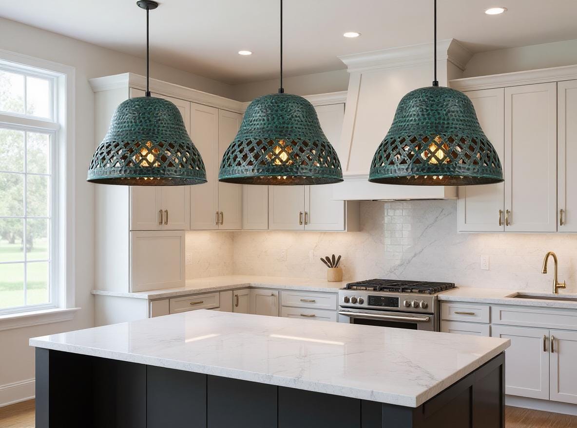 Handmade Green Patina Copper Pendant Light – Moroccan Bell Lamp