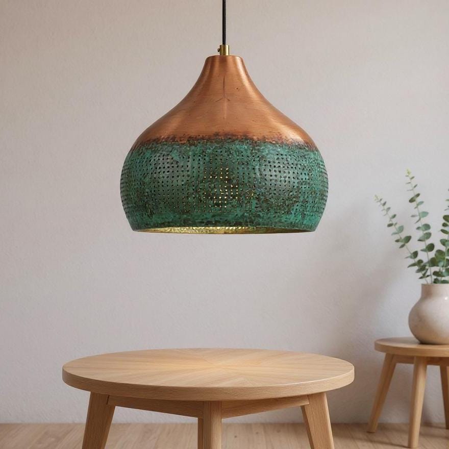 Handmade Copper Pendant Light – Green Patina Moroccan Dome Lamp