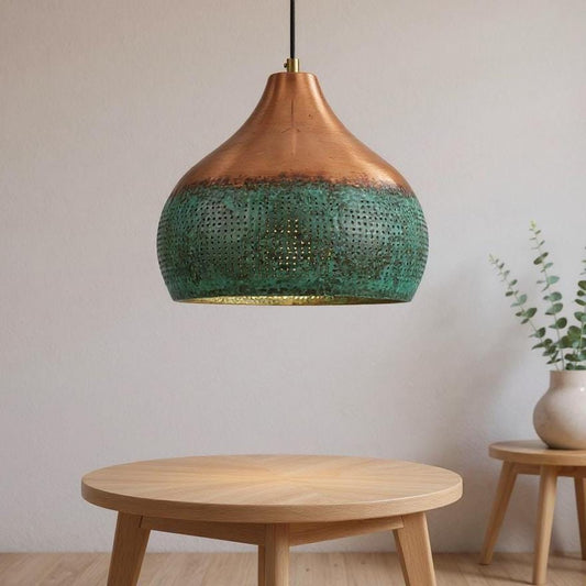 Handmade Copper Pendant Light – Green Patina Moroccan Dome Lamp