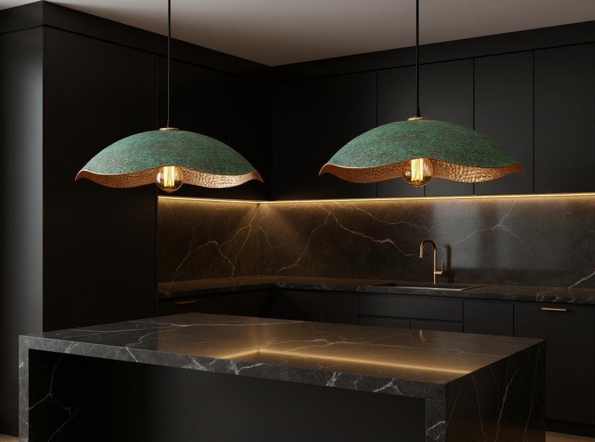 Handcrafted Green Patina Copper Pendant Light - Moroccan Wavy Dome Lamp