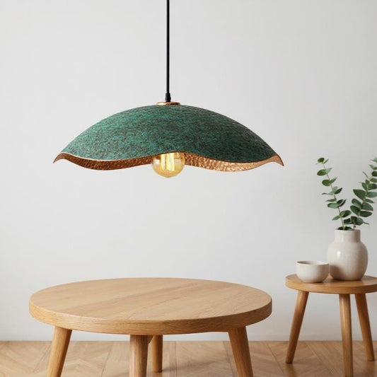Handcrafted Green Patina Copper Pendant Light - Moroccan Wavy Dome Lamp