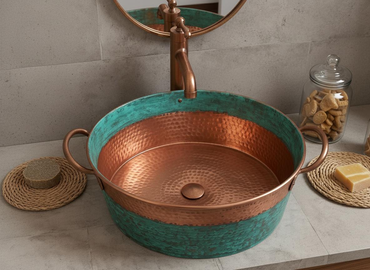 Handcrafted Copper Sink: Green Patina Moroccan Hammered Vessel Basin