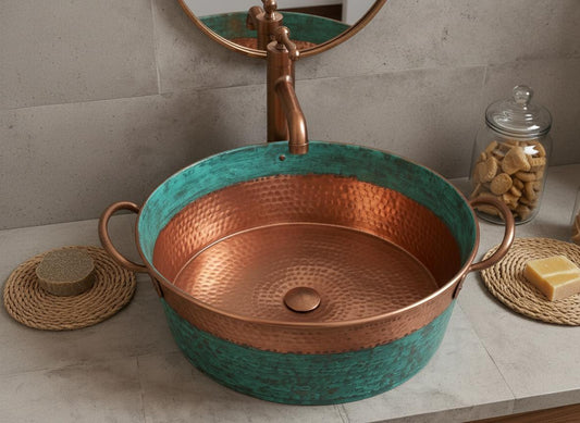 Handcrafted Copper Sink: Green Patina Moroccan Hammered Vessel Basin