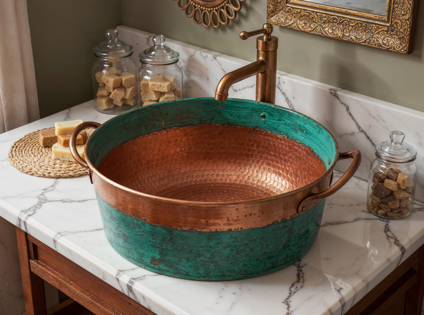 Handcrafted Copper Sink: Green Patina Moroccan Hammered Vessel Basin