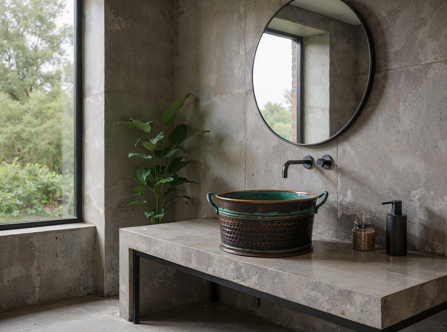 Handmade Copper Vessel Sink: Green Patina Hammered Moroccan Basin