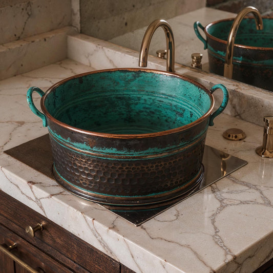 Handmade Copper Vessel Sink: Green Patina Hammered Moroccan Basin