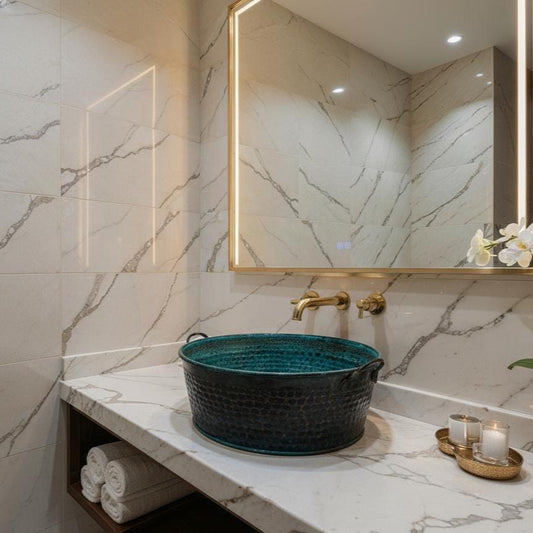 Handmade Blue Patina Copper Sink: Moroccan Hammered Vessel Basin