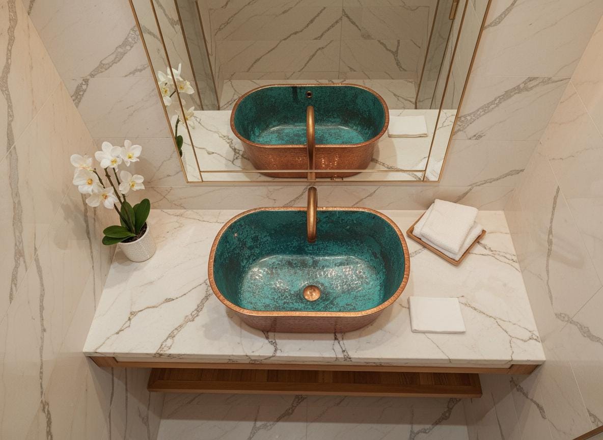 Handmade Hammered Copper Sink: Green Patina Vessel Basin