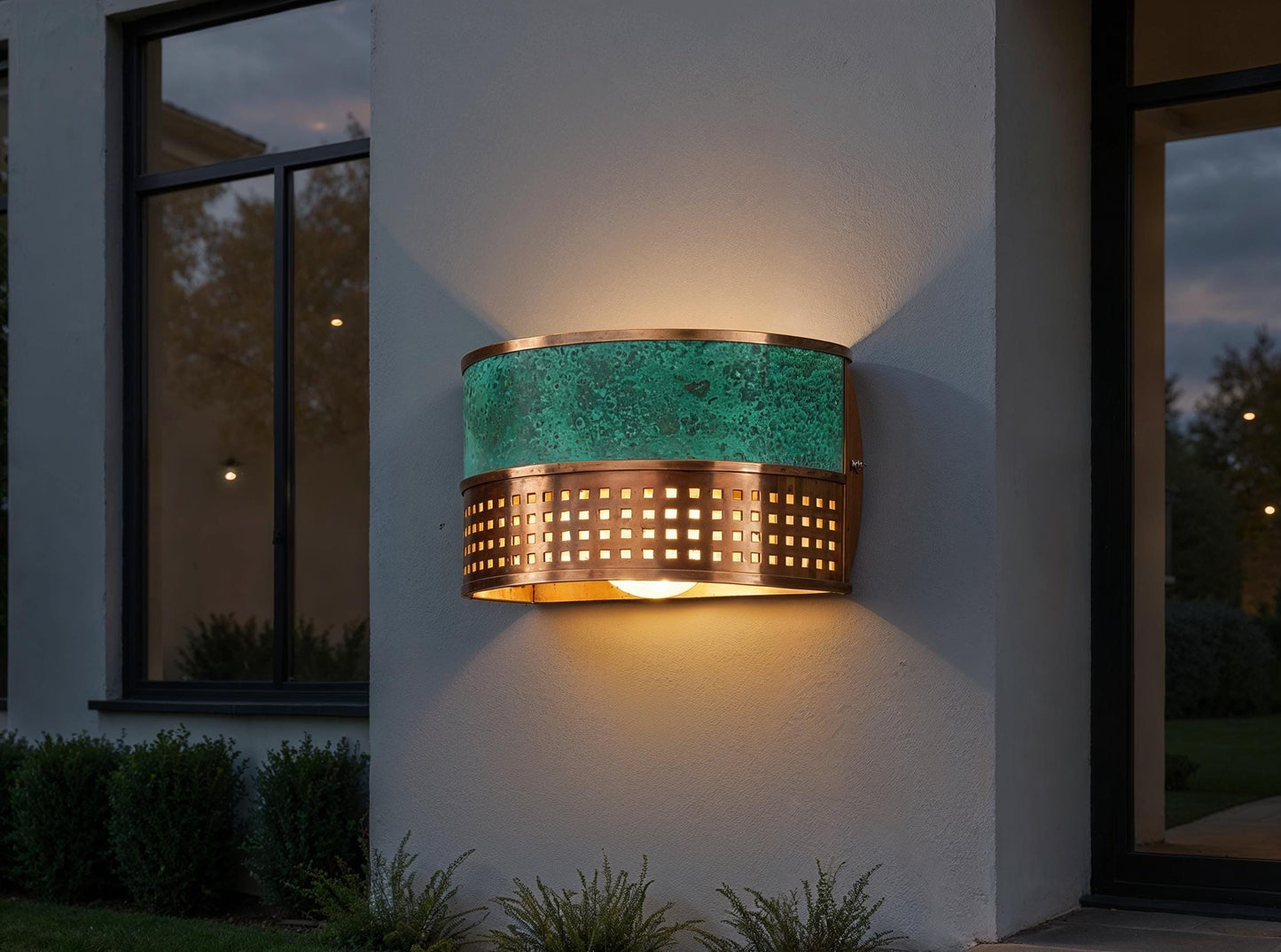 Handmade Copper Wall Sconce: Turquoise Patina Geometric Light