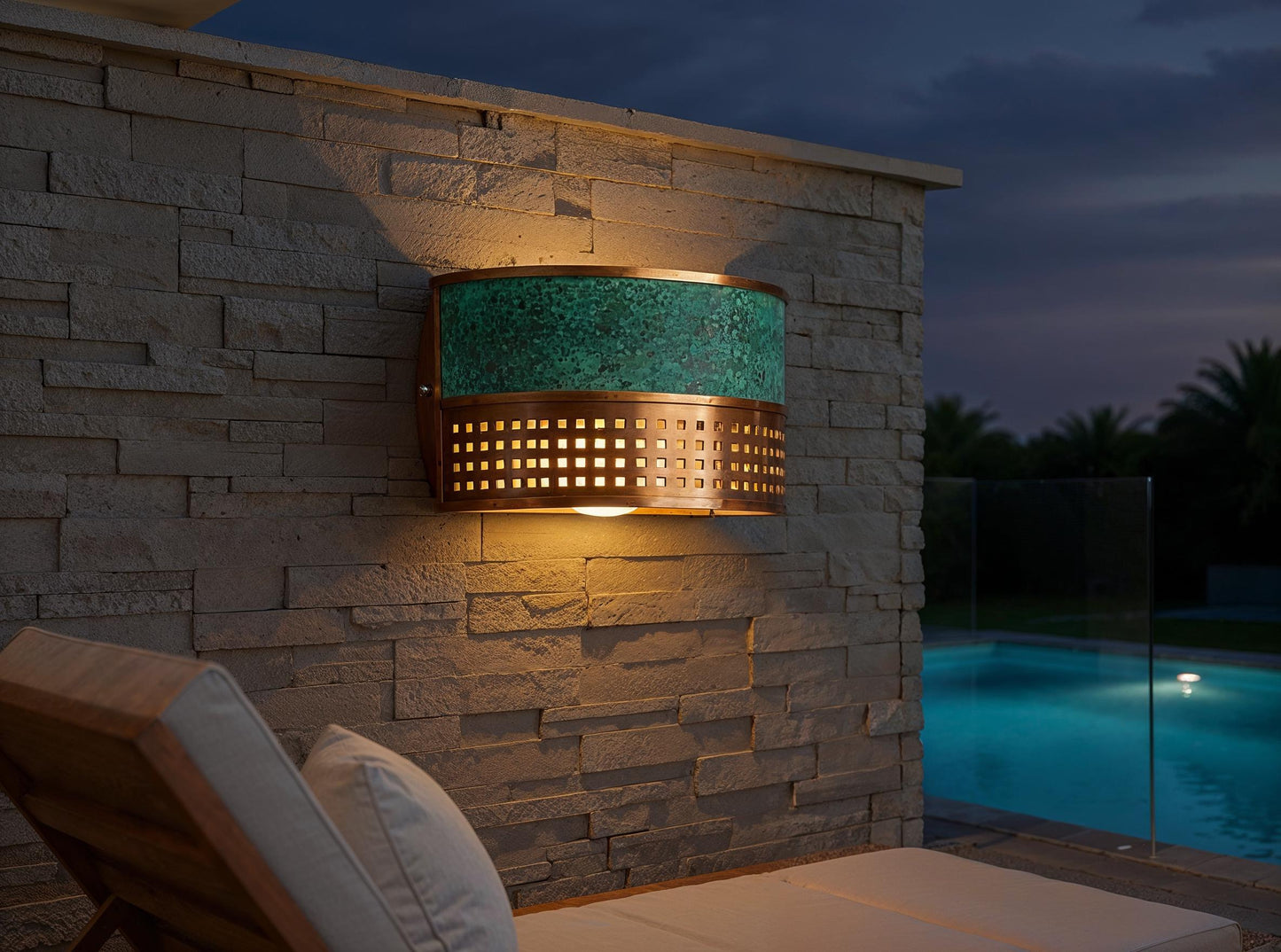 Handmade Copper Wall Sconce: Turquoise Patina Geometric Light