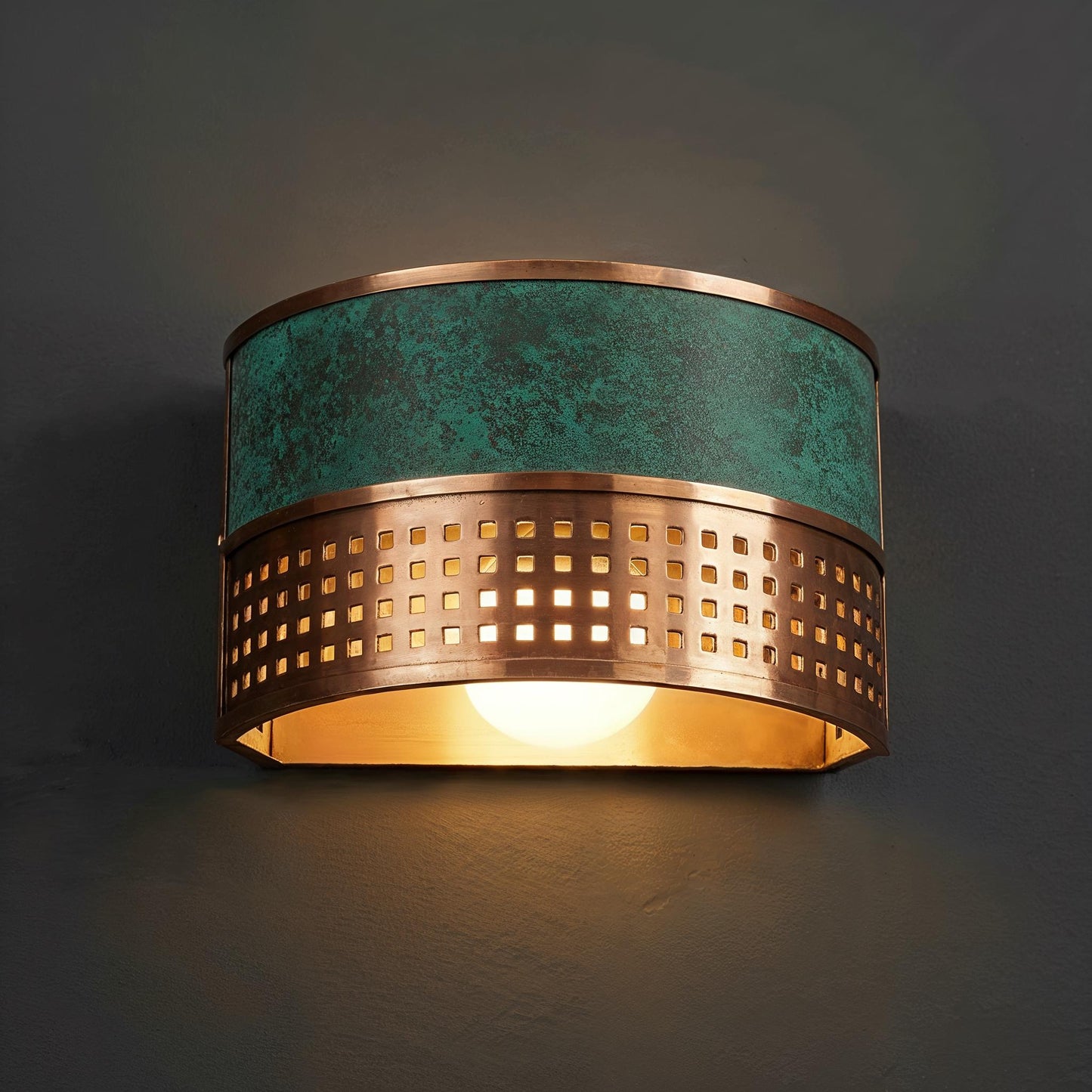 Handmade Copper Wall Sconce: Turquoise Patina Geometric Light