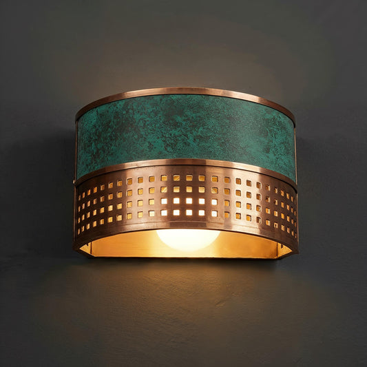 Handmade Copper Wall Sconce: Turquoise Patina Geometric Light