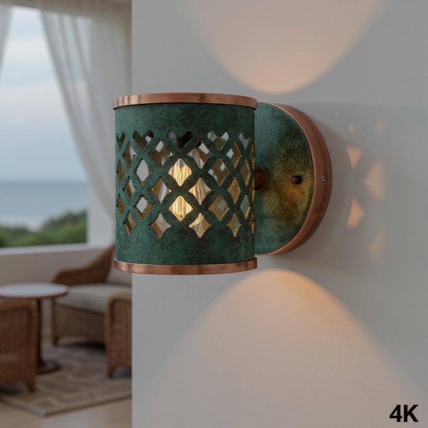 Handmade Patina Brass Wall Sconce: Moroccan Lattice Light