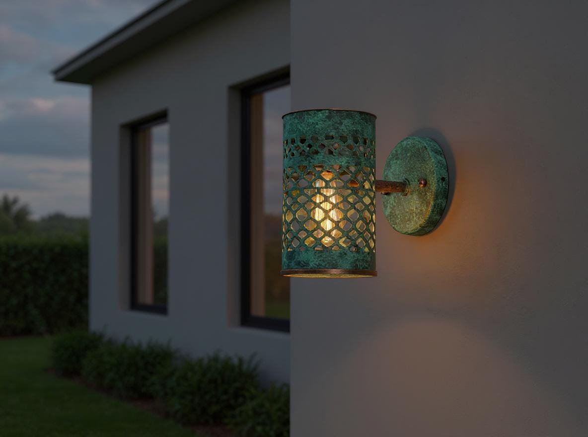 Moroccan Green Patina Brass Wall Sconce: Handmade Lattice Outdoor Light
