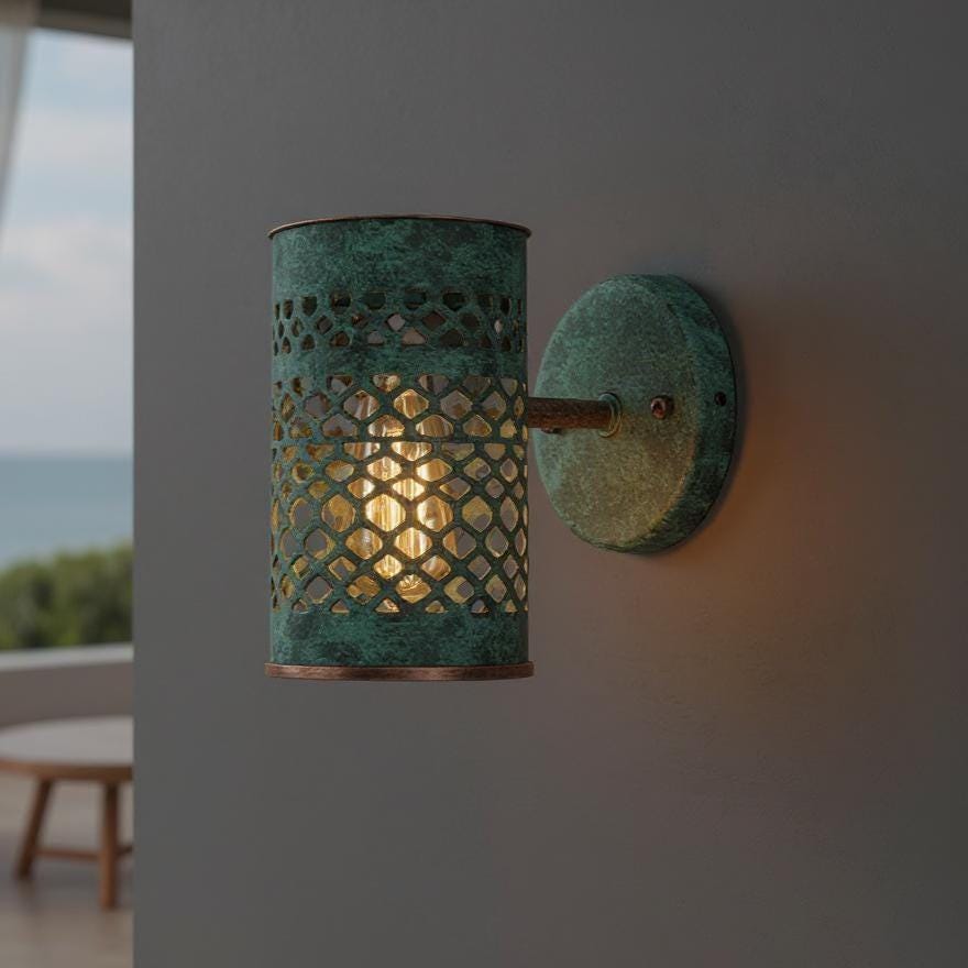 Moroccan Green Patina Brass Wall Sconce: Handmade Lattice Outdoor Light