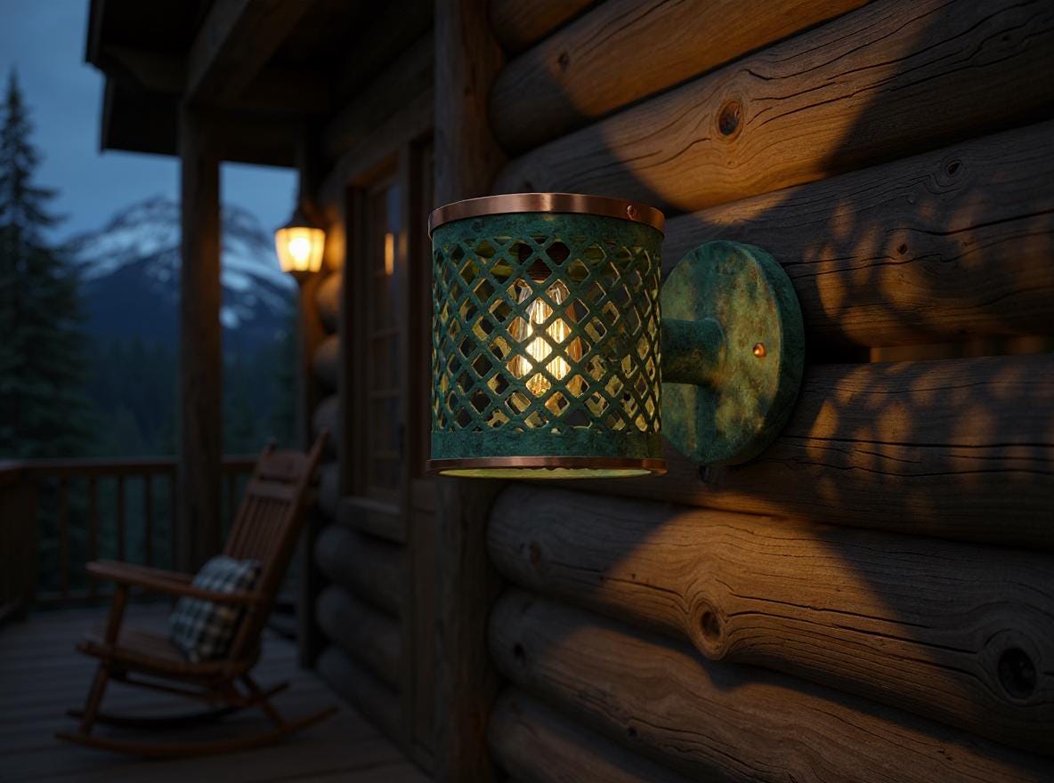 Handmade Moroccan Brass Wall Sconce: Green Patina Lattice Outdoor Light