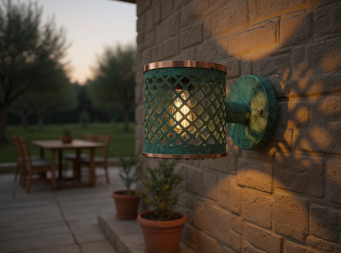 Handmade Moroccan Brass Wall Sconce: Green Patina Lattice Outdoor Light