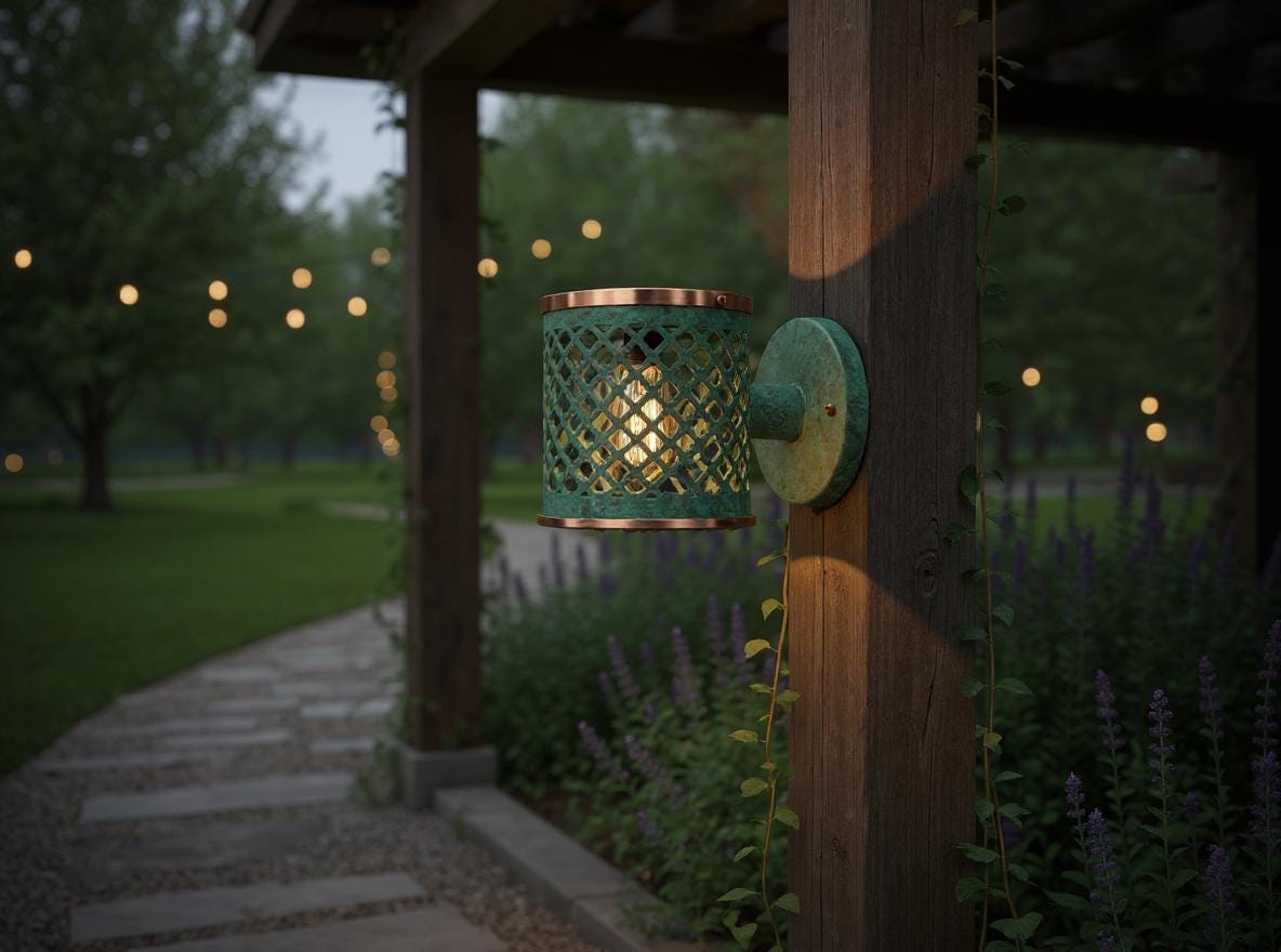 Handmade Moroccan Brass Wall Sconce: Green Patina Lattice Outdoor Light