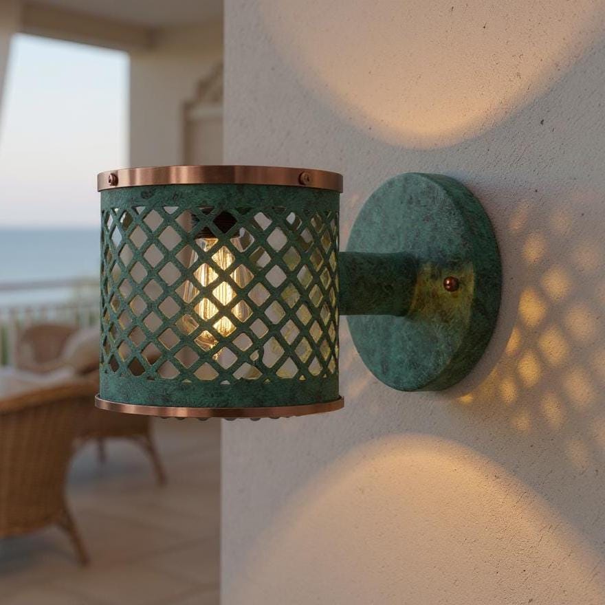 Handmade Moroccan Brass Wall Sconce: Green Patina Lattice Outdoor Light