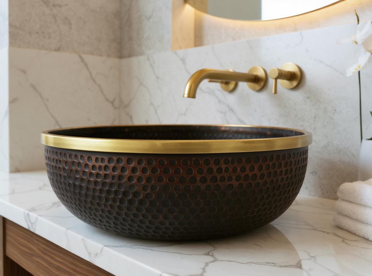 Luxury Hammered Copper Sink – Round Vessel Bowl with Brass Rim – Modern Moroccan Vanity Basin