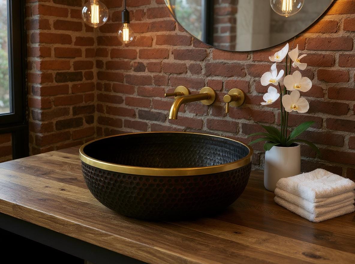 Luxury Hammered Copper Sink – Round Vessel Bowl with Brass Rim – Modern Moroccan Vanity Basin