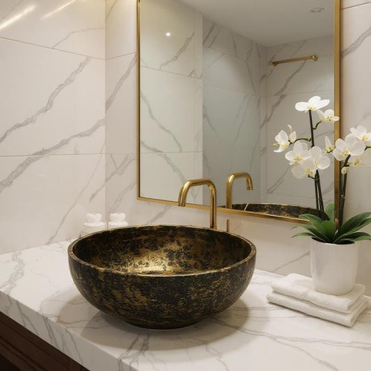 Handmade Black Patina Brass Vessel Sink - Moroccan Golden Rim Basin