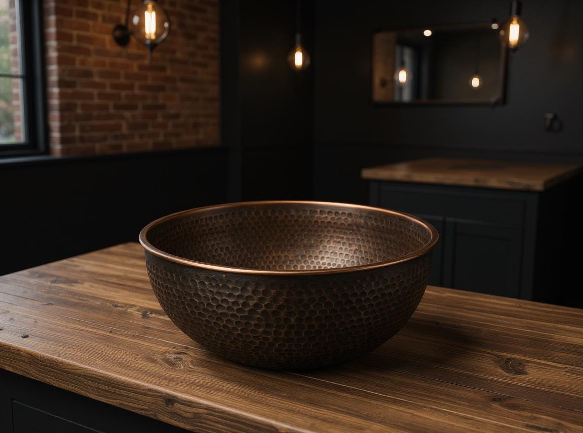 Handmade Copper Bathroom Sink – Hammered Round Vessel Basin, Antique Patina Finish, Moroccan Vanity Bowl
