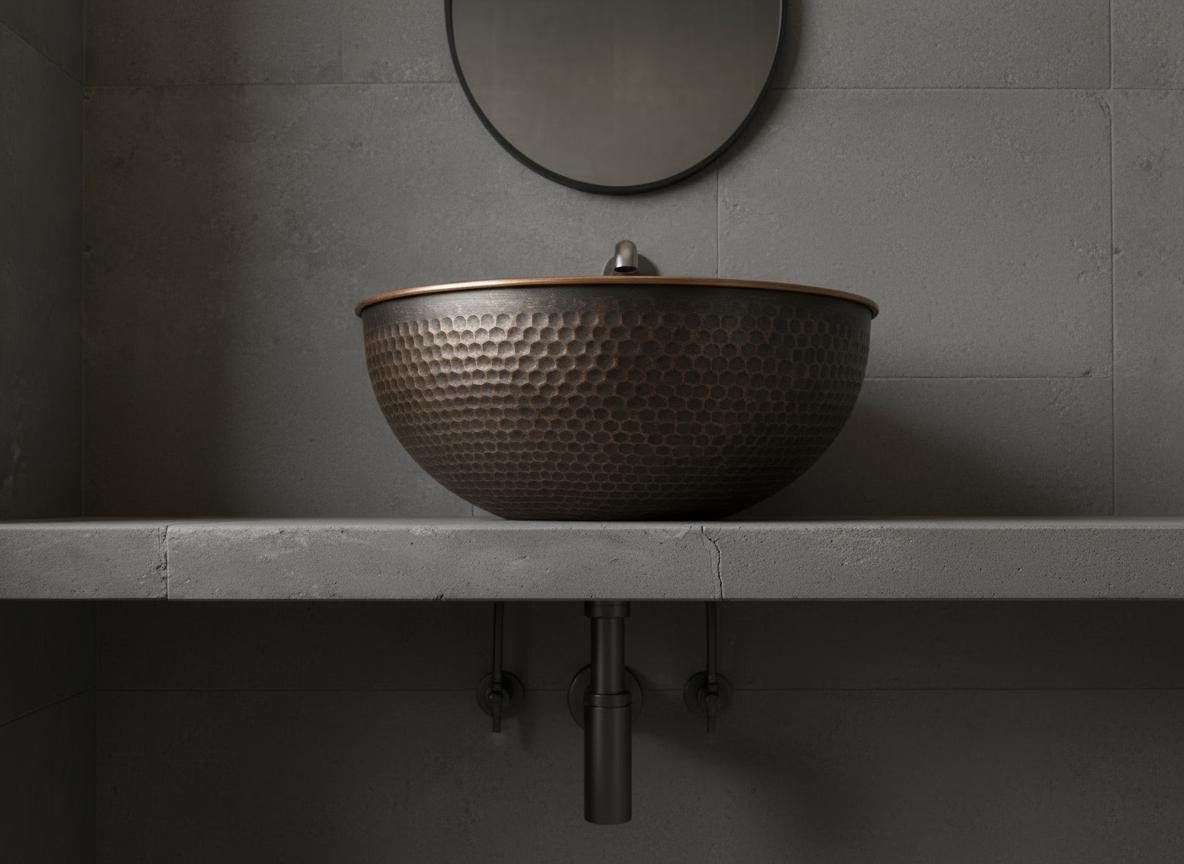 Handmade Copper Bathroom Sink – Hammered Round Vessel Basin, Antique Patina Finish, Moroccan Vanity Bowl