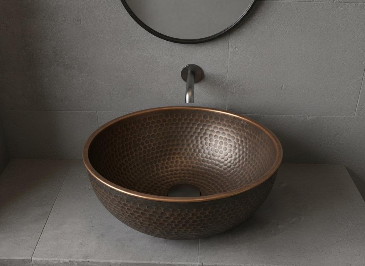 Handmade Copper Bathroom Sink – Hammered Round Vessel Basin, Antique Patina Finish, Moroccan Vanity Bowl