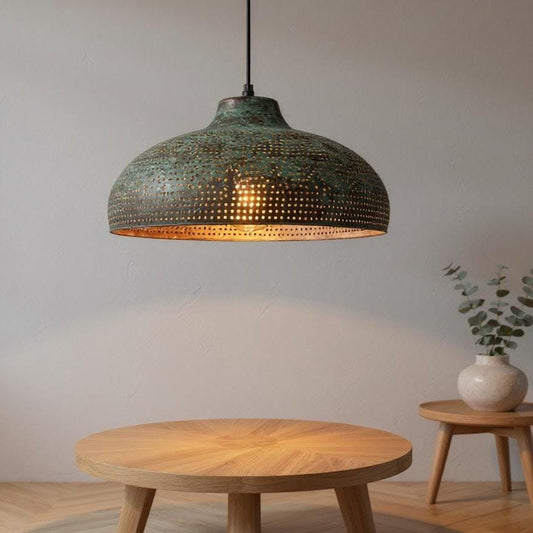 Handmade Green Patina Brass Pendant Light: Moroccan Boho Dome