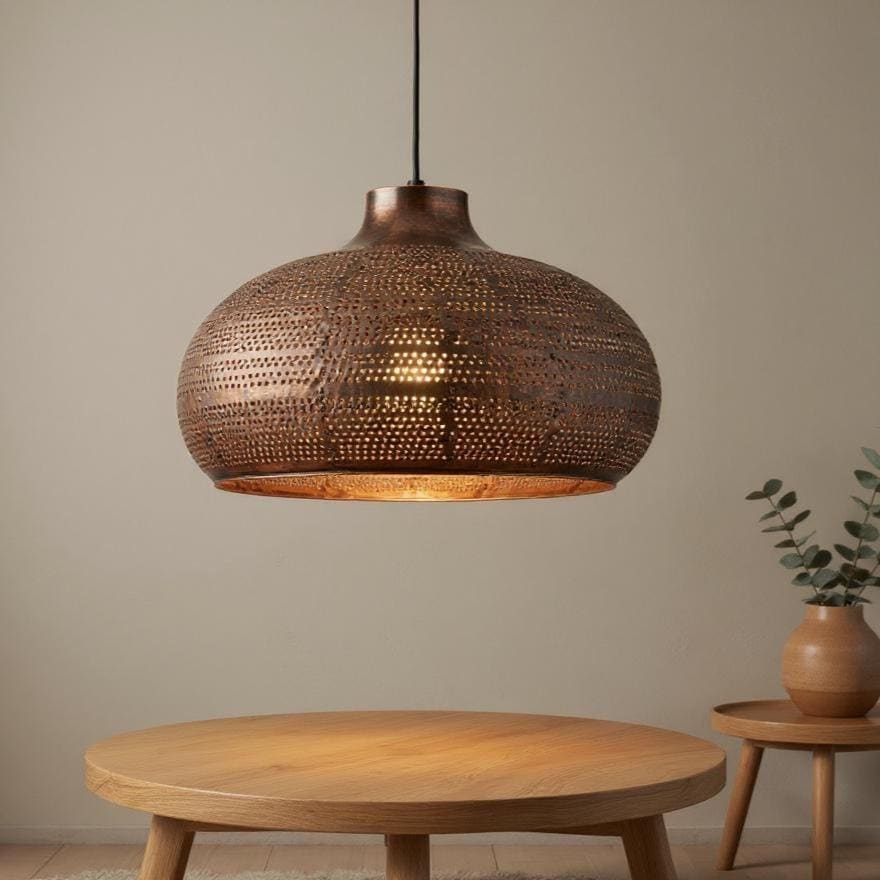 Handmade Brass Pendant Light – Hammered Dome Lamp in Brown Patina, Moroccan Ceiling Fixture for Living Room or Dining Area