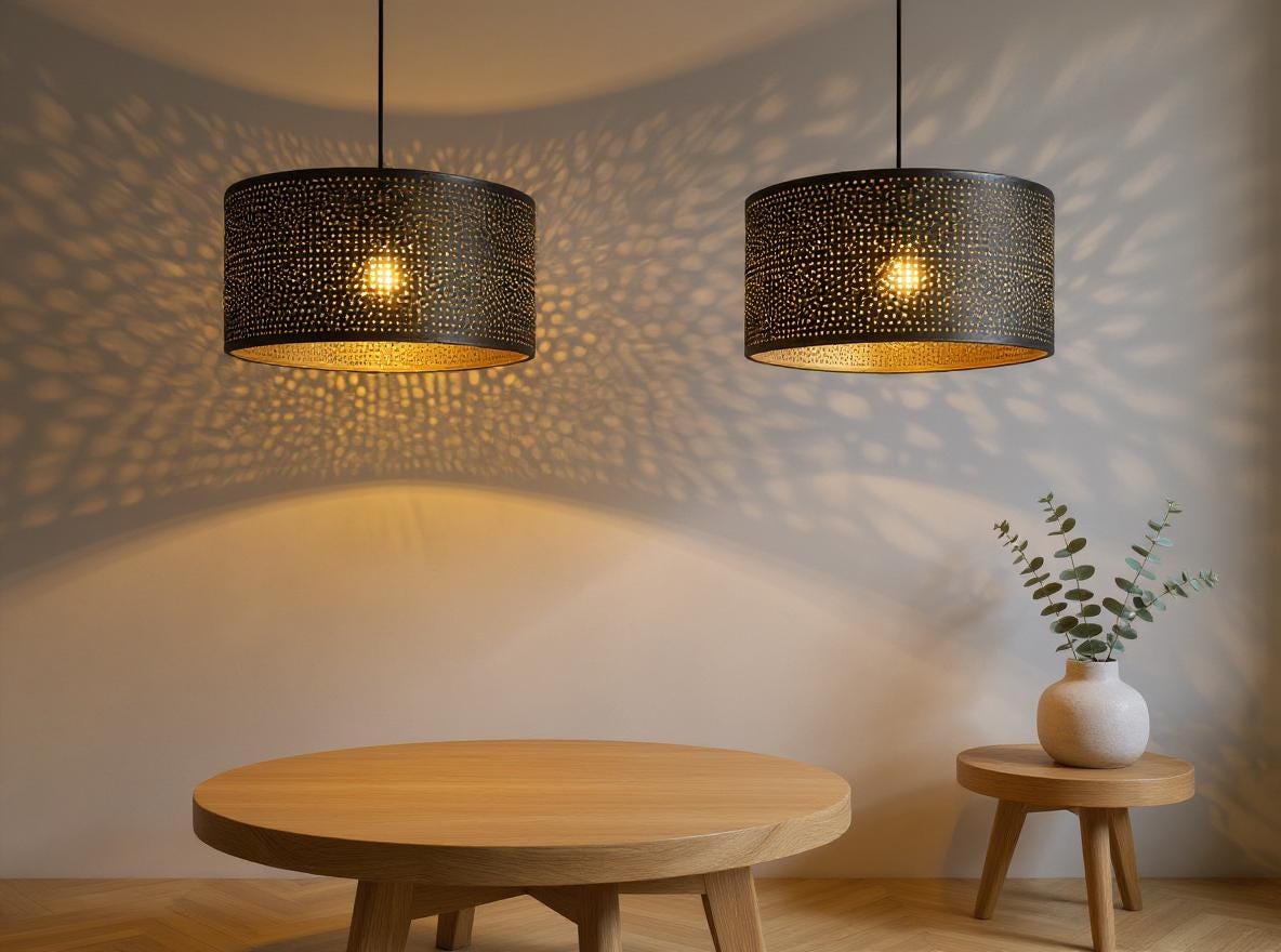 Handmade Moroccan Black Brass Pendant Lamp: Pierced Drum Shade