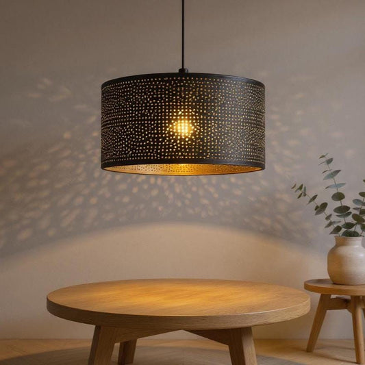 Handmade Moroccan Black Brass Pendant Lamp: Pierced Drum Shade