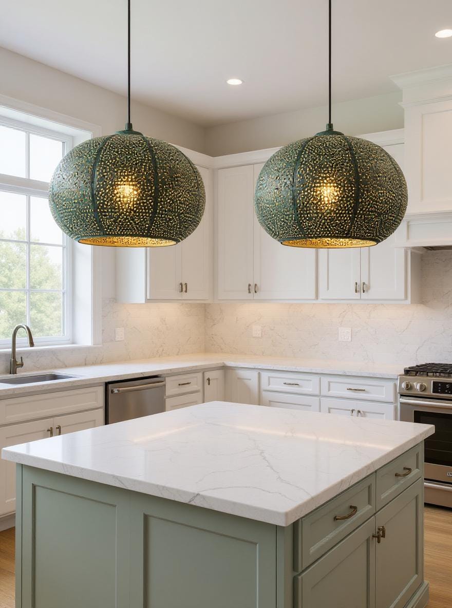 Handmade Green Patina Brass Pendant Light: Moroccan Perforated Dome